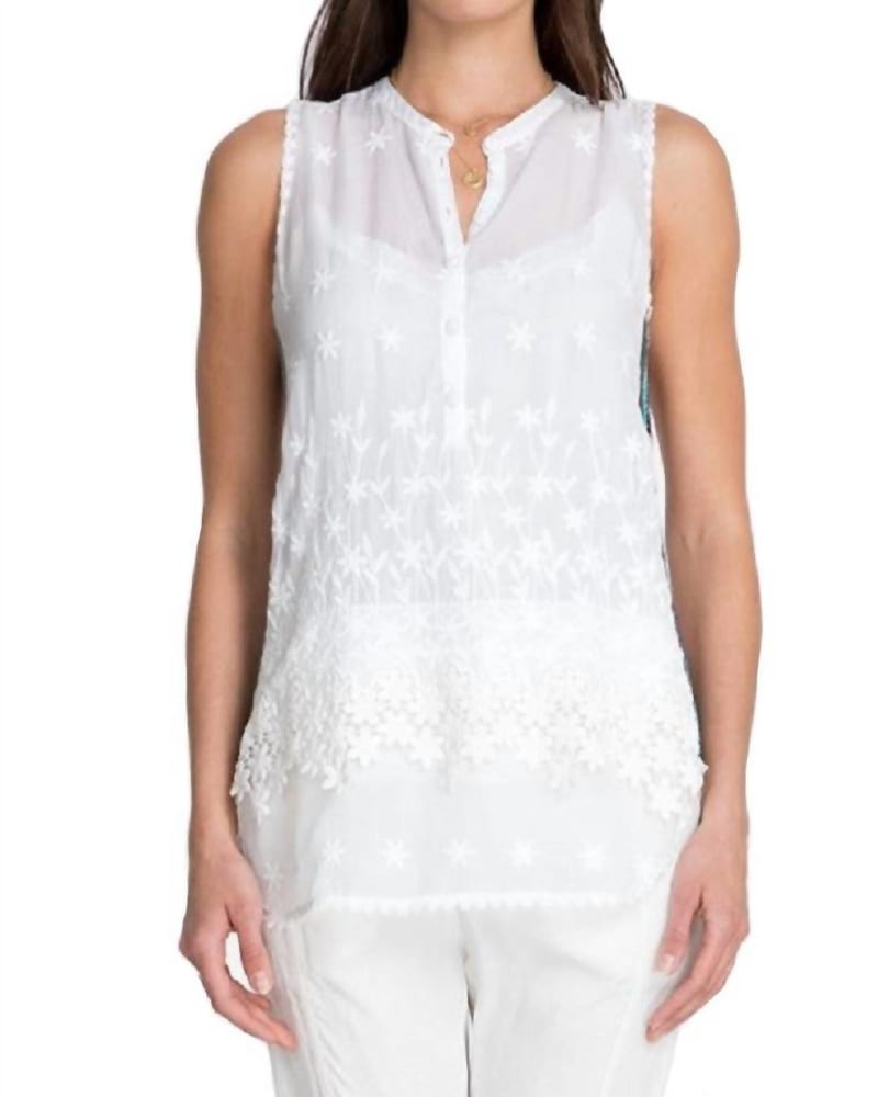 Front of a model wearing a size Large Malin Tank in White in White by Johnny Was. | dia_product_style_image_id:333973